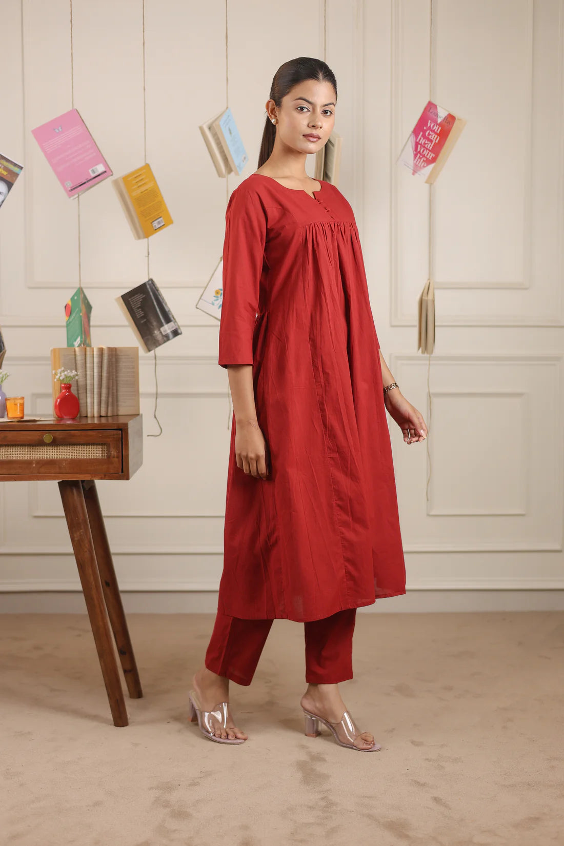 "Nayra" - Flowy Gathered Yoke Cotton Kurta & Straight Pants Set