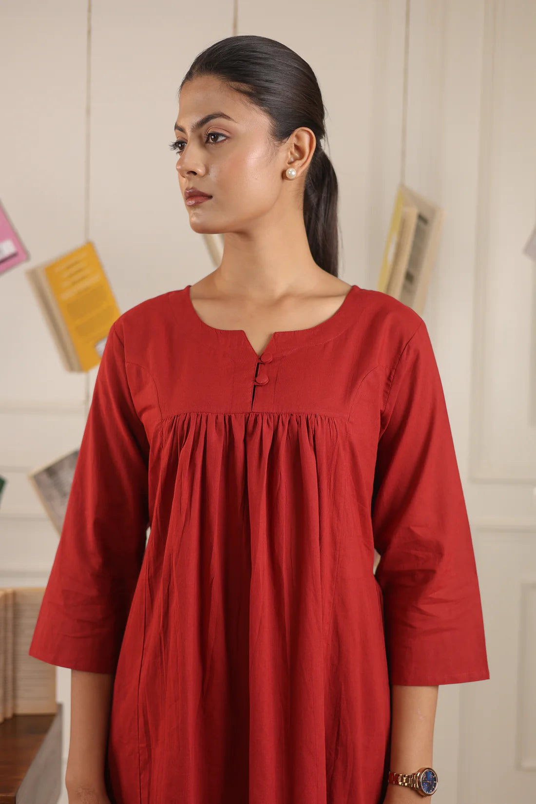 "Nayra" - Flowy Gathered Yoke Cotton Kurta & Straight Pants Set