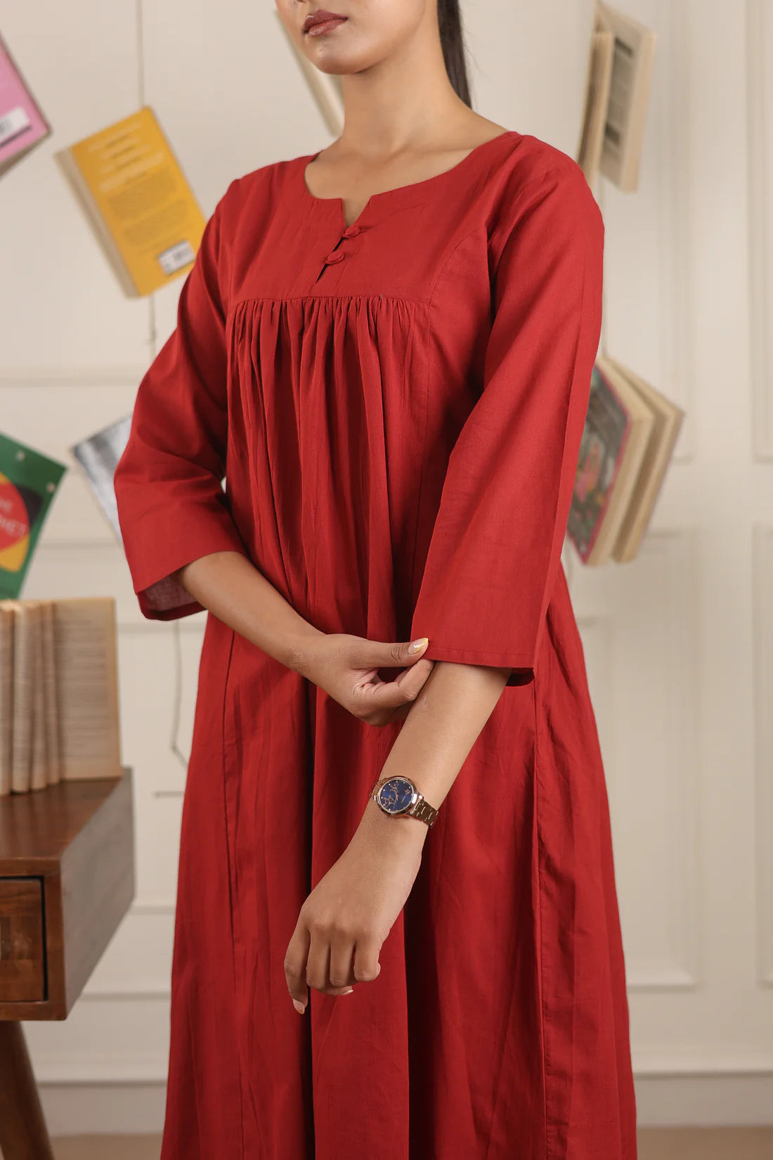 "Nayra" - Flowy Gathered Yoke Cotton Kurta & Straight Pants Set