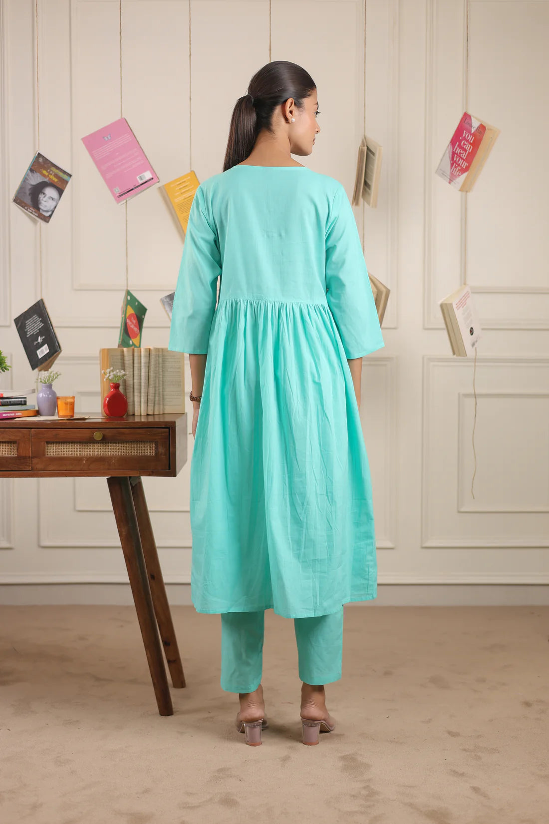 "Nayra" - Flowy Gathered Yoke Cotton Kurta & Straight Pants Set
