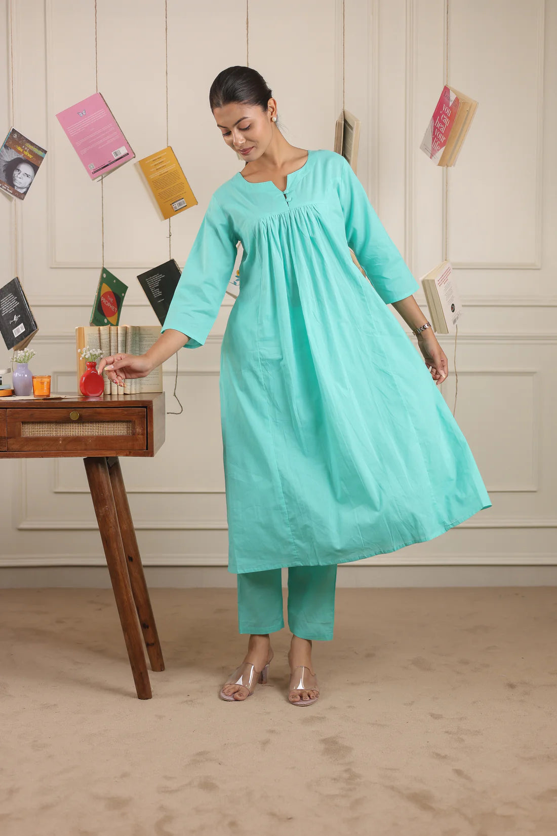 "Nayra" - Flowy Gathered Yoke Cotton Kurta & Straight Pants Set