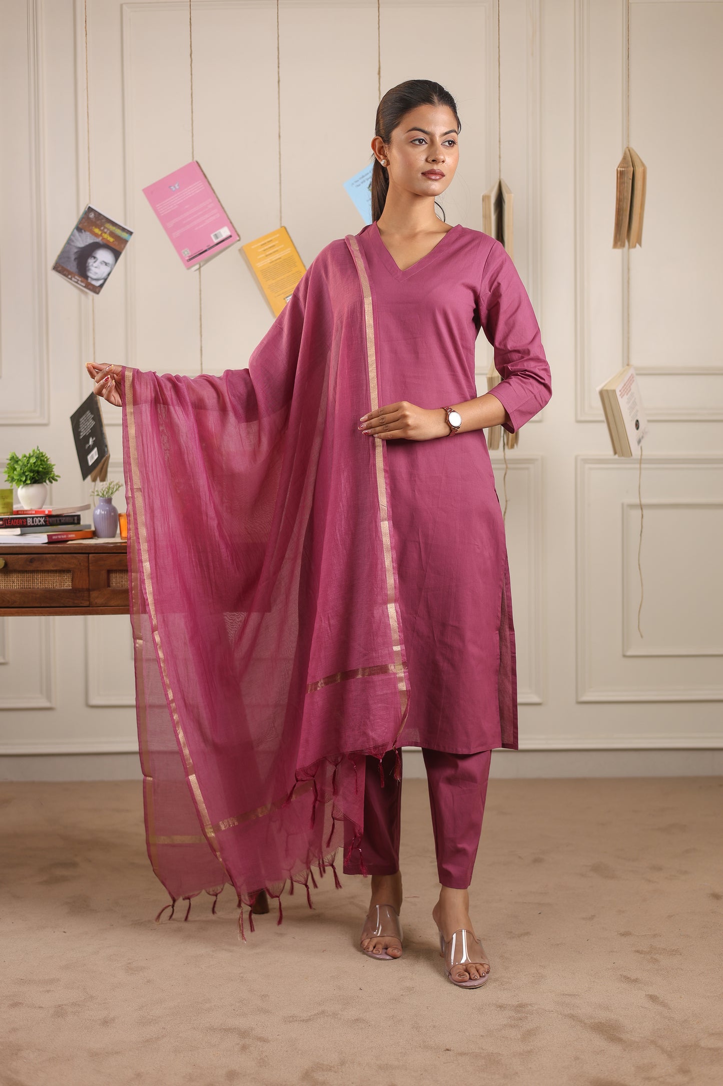 Vedora V-Neck Cotton Kurta Set with Chanderi Dupatta