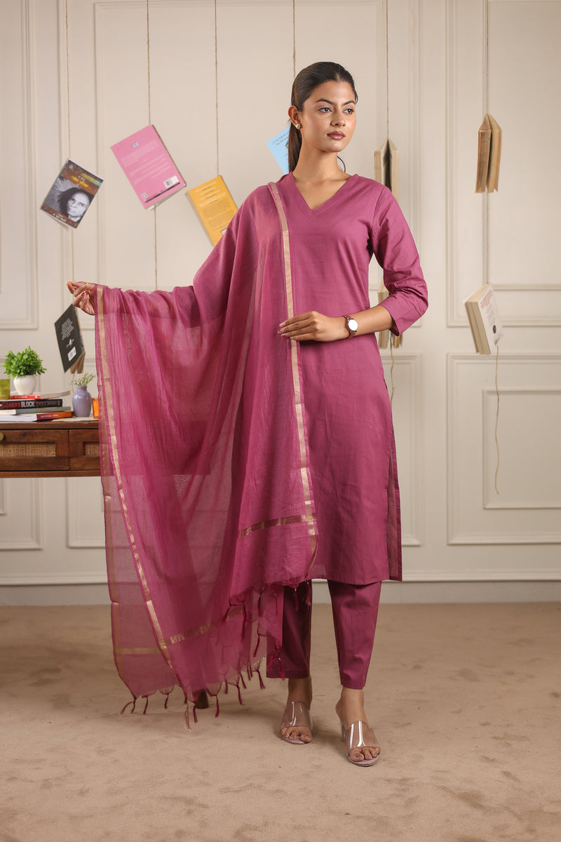 Vedora V-Neck Cotton Kurta Set with Chanderi Dupatta