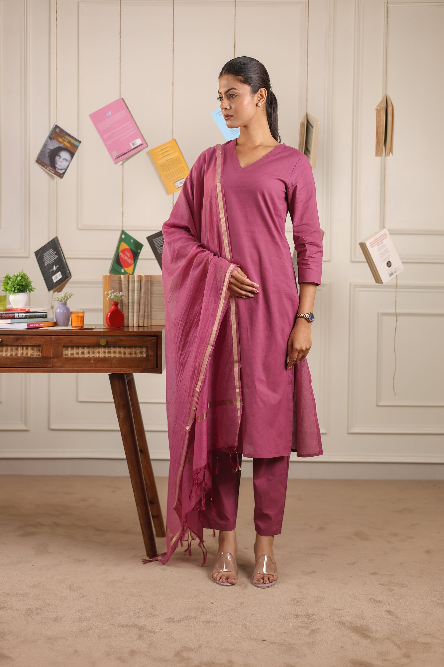 Vedora V-Neck Cotton Kurta Set with Chanderi Dupatta