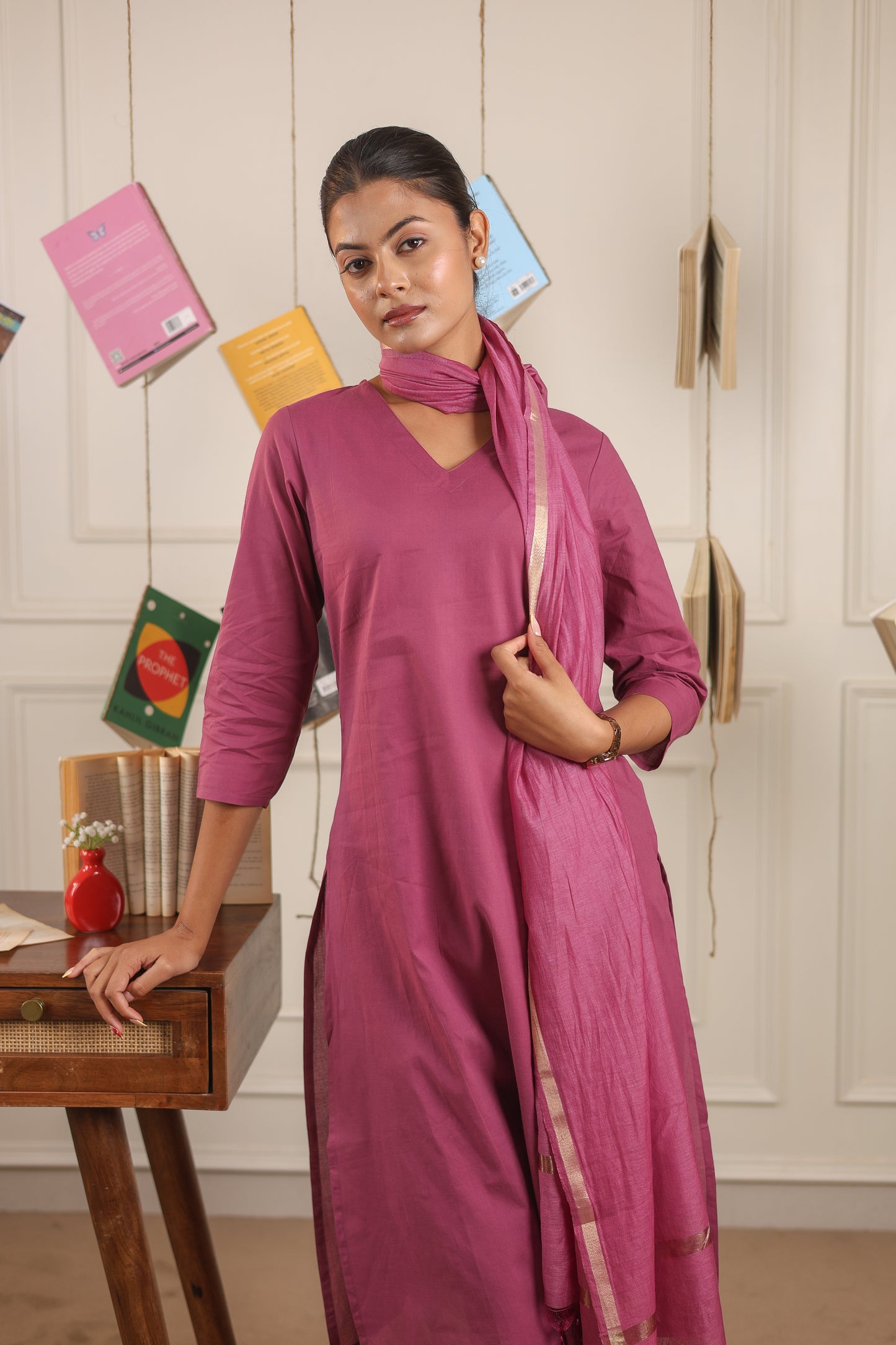 Vedora V-Neck Cotton Kurta Set with Chanderi Dupatta