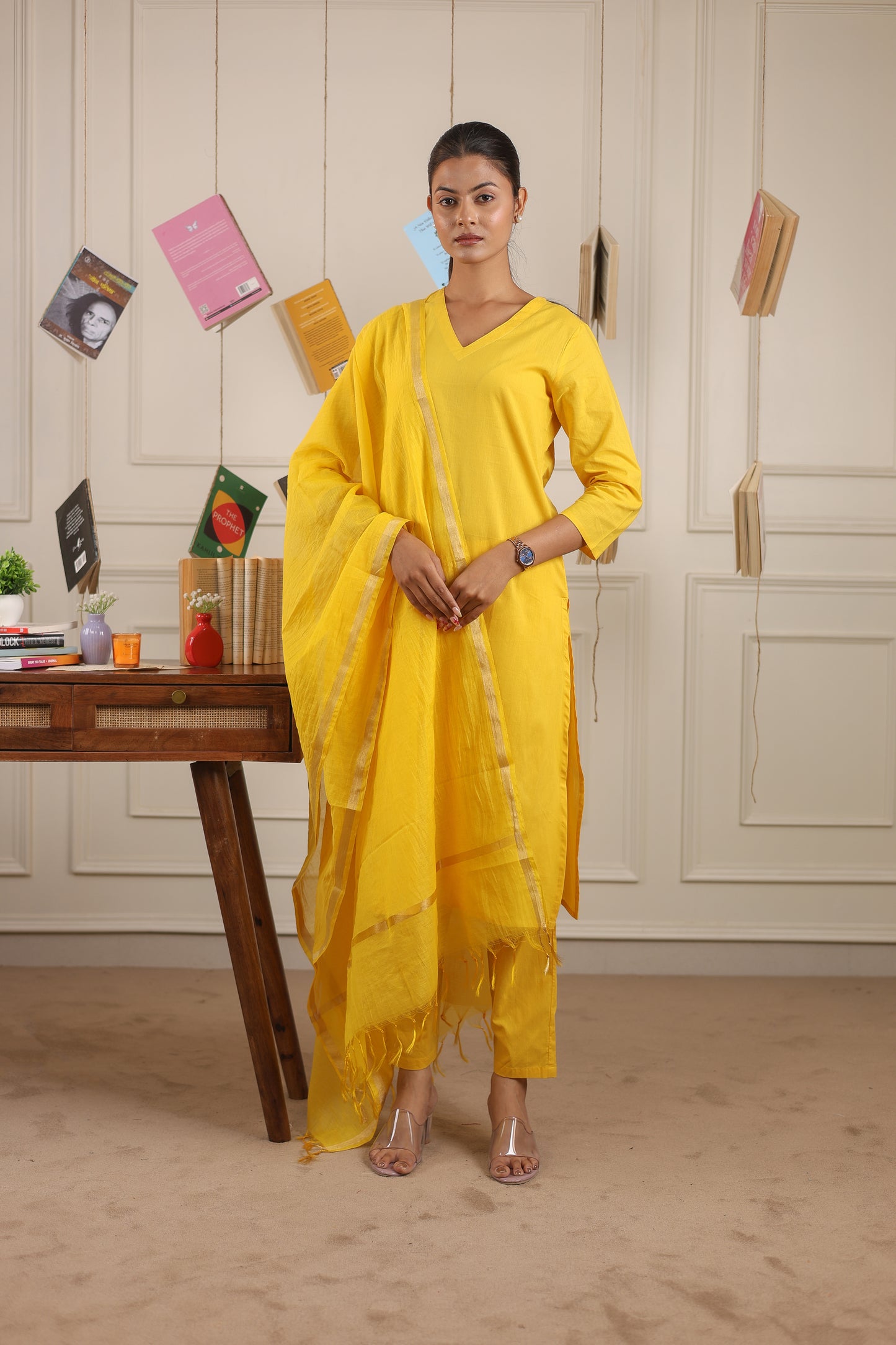 Vedora V-Neck Cotton Kurta Set with Chanderi Dupatta