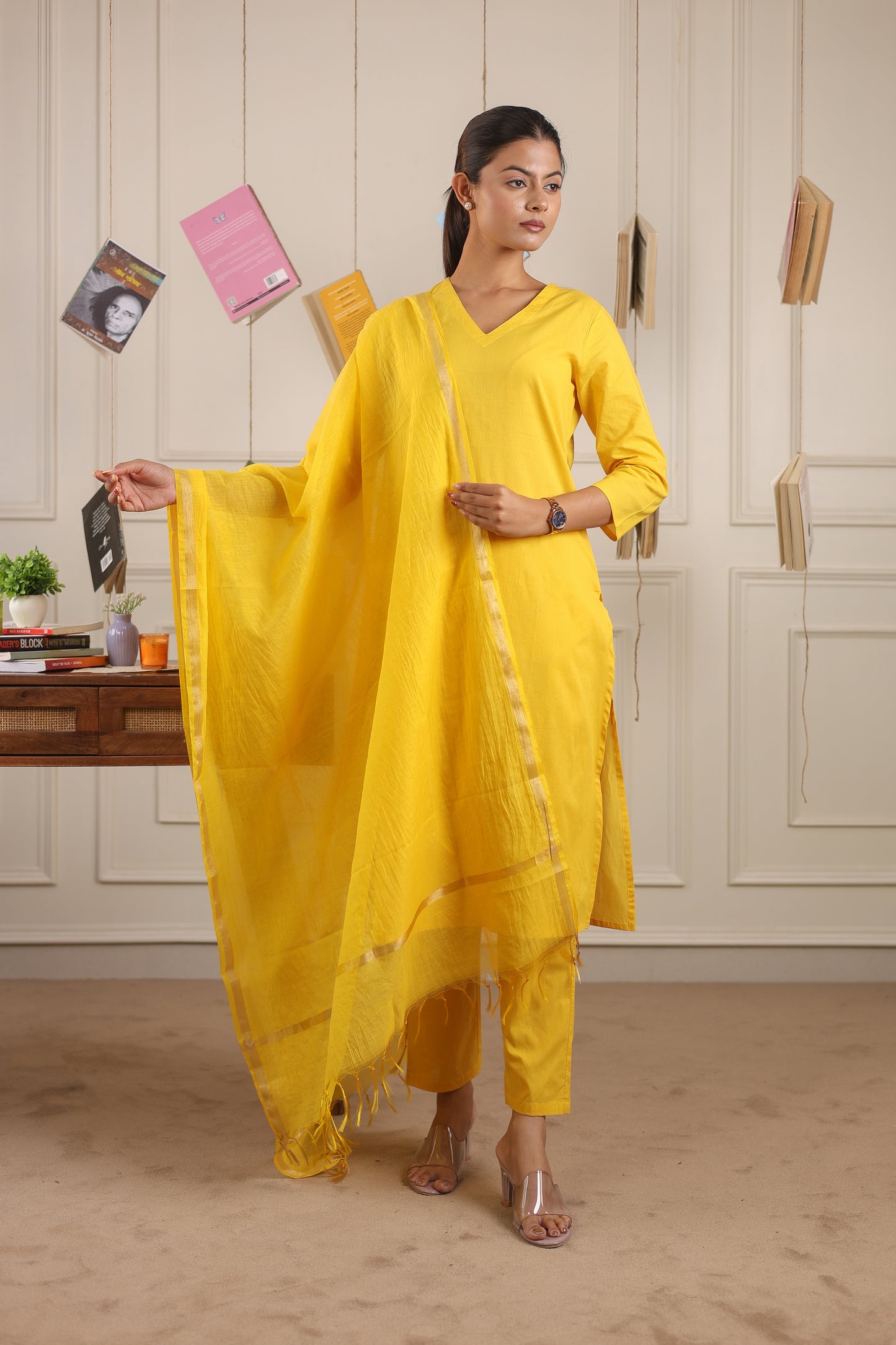 Vedora V-Neck Cotton Kurta Set with Chanderi Dupatta