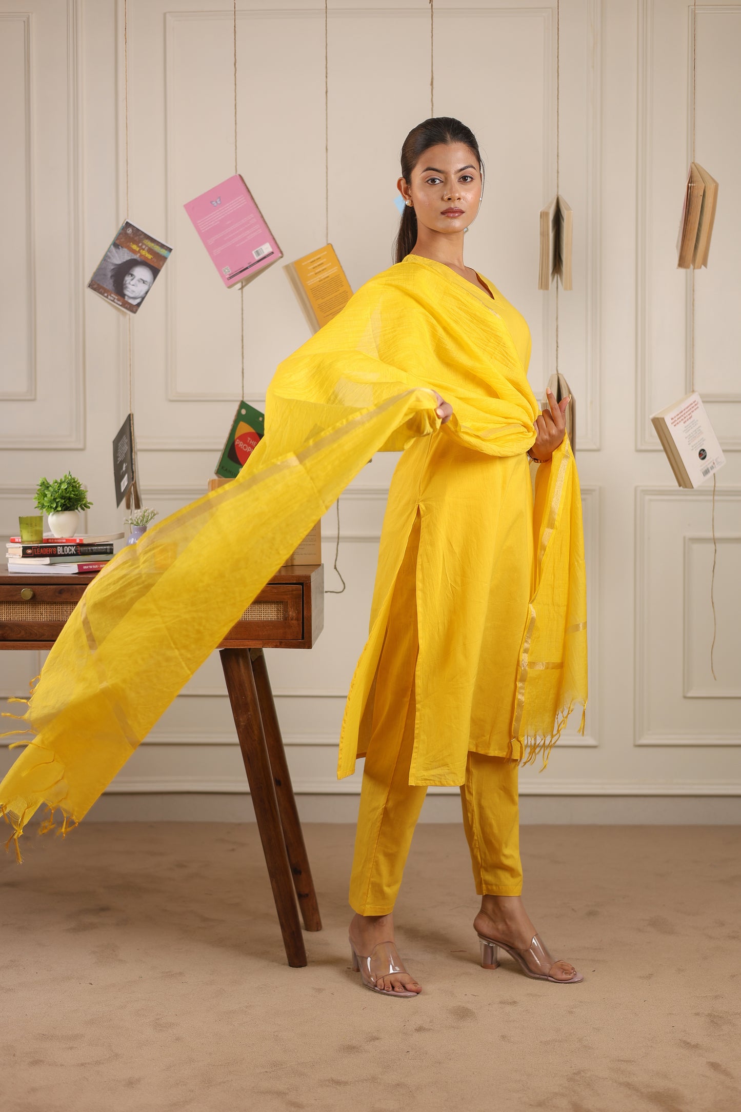 Vedora V-Neck Cotton Kurta Set with Chanderi Dupatta