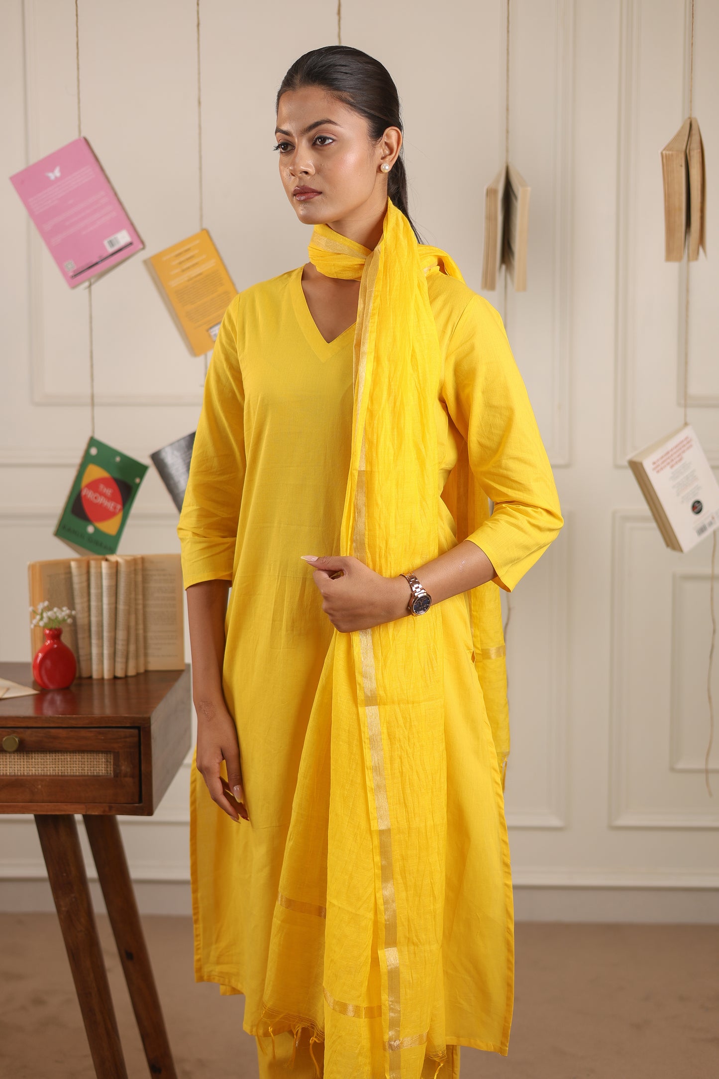Vedora V-Neck Cotton Kurta Set with Chanderi Dupatta