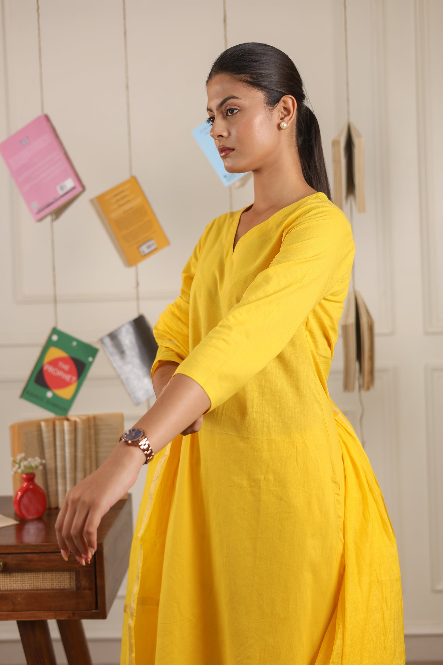 Vedora V-Neck Cotton Kurta Set with Chanderi Dupatta