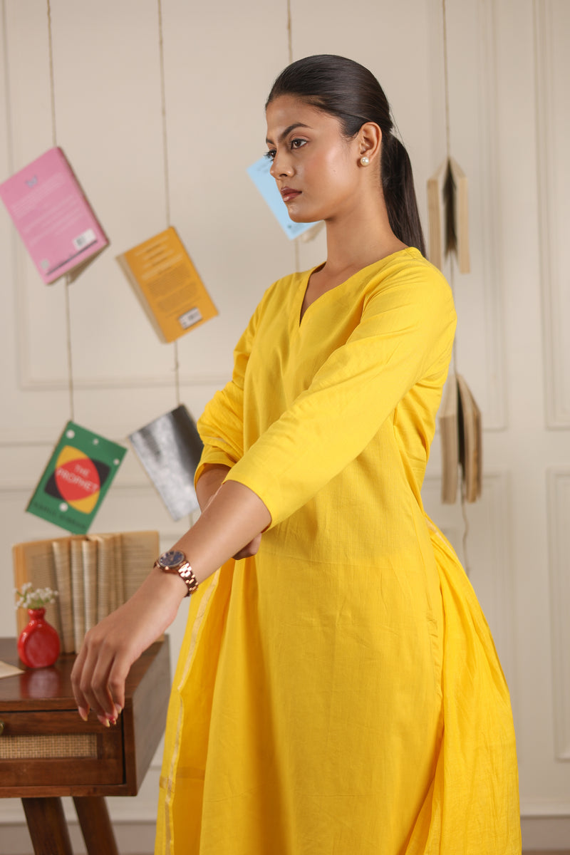 Vedora V-Neck Cotton Kurta Set with Chanderi Dupatta
