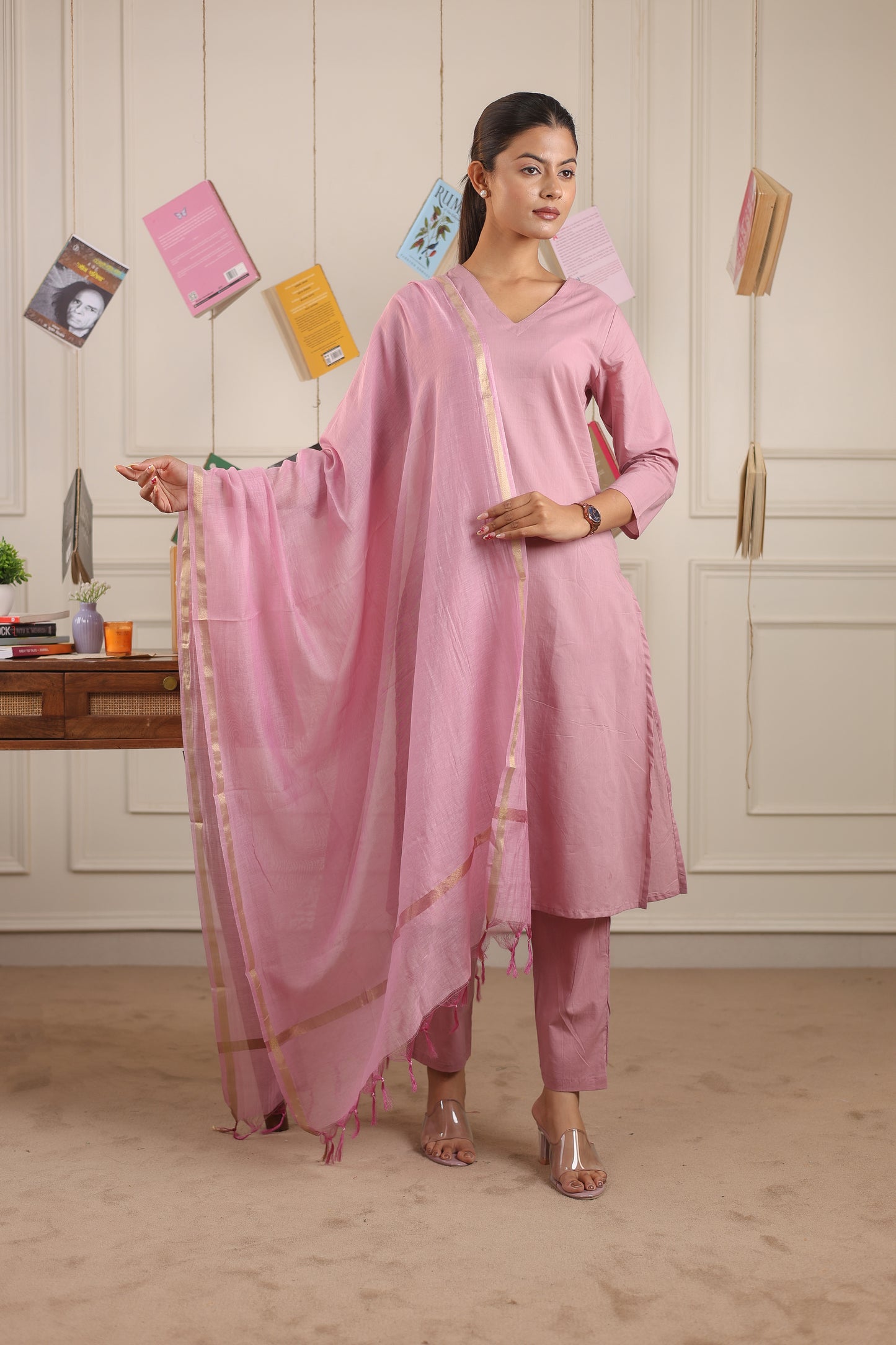 Vedora V-Neck Cotton Kurta Set with Chanderi Dupatta