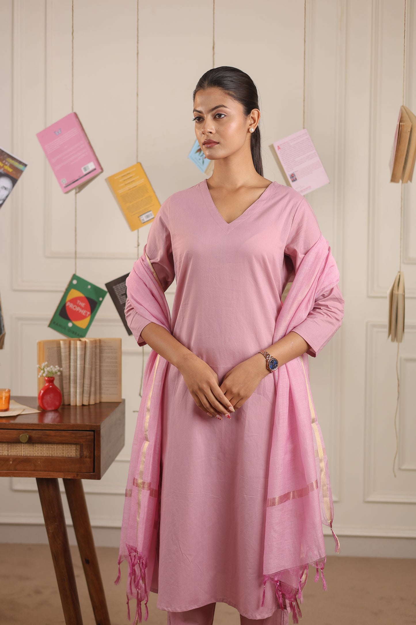 Vedora V-Neck Cotton Kurta Set with Chanderi Dupatta