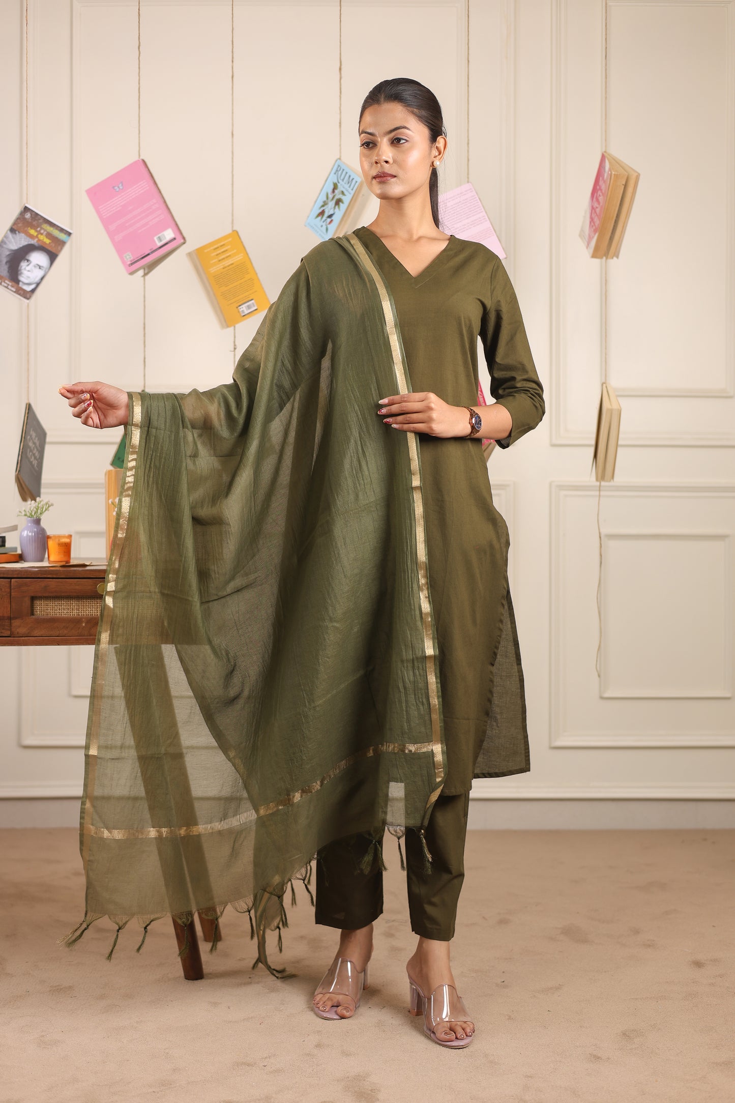 Vedora V-Neck Cotton Kurta Set with Chanderi Dupatta