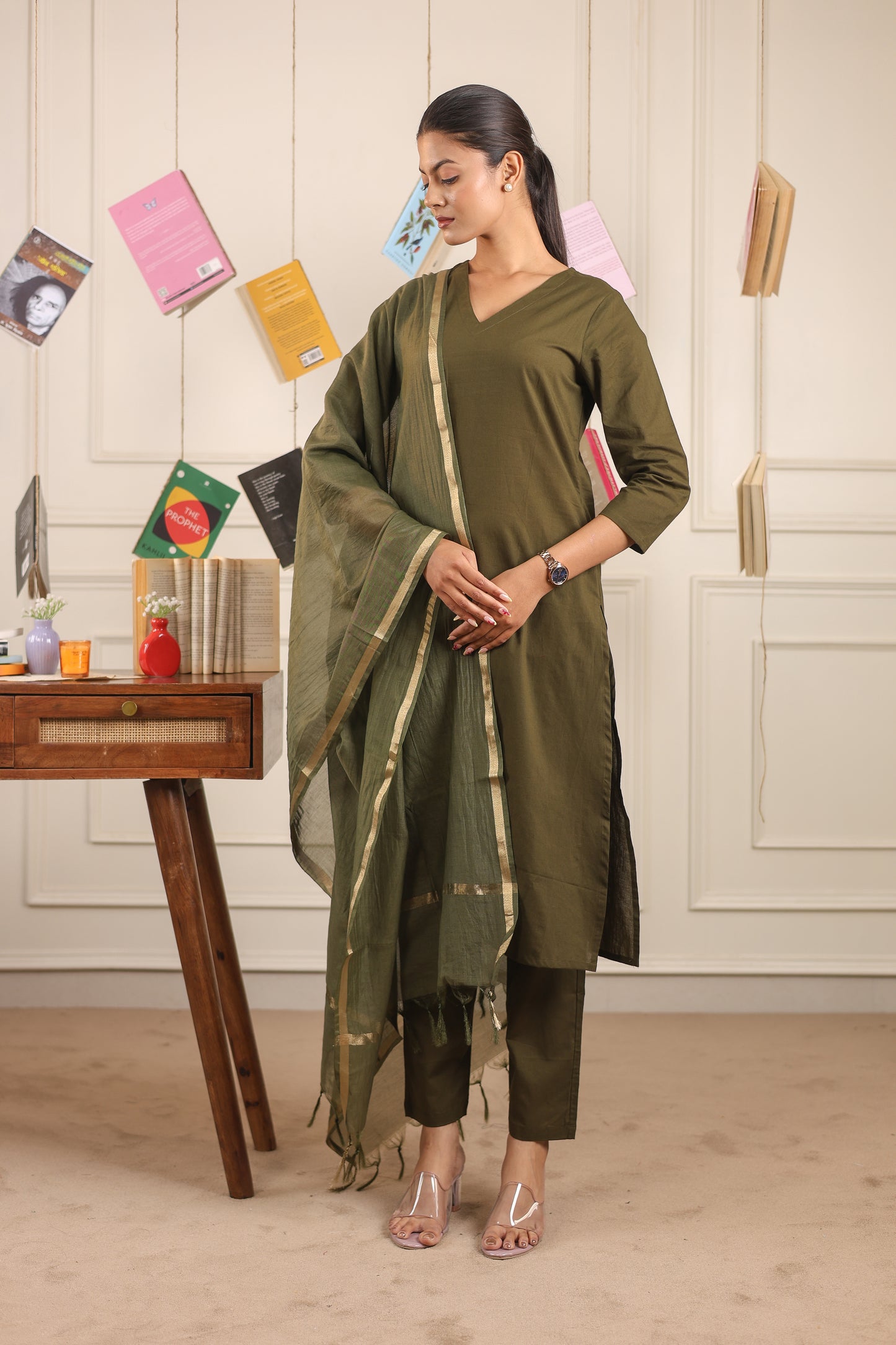 Vedora V-Neck Cotton Kurta Set with Chanderi Dupatta
