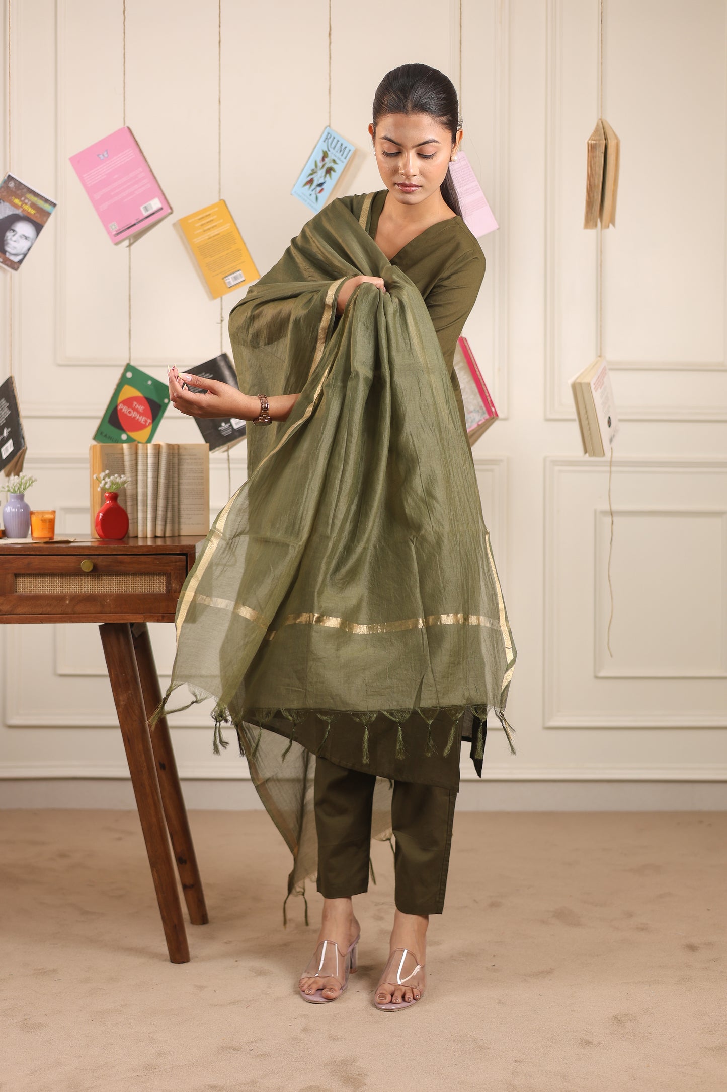 Vedora V-Neck Cotton Kurta Set with Chanderi Dupatta