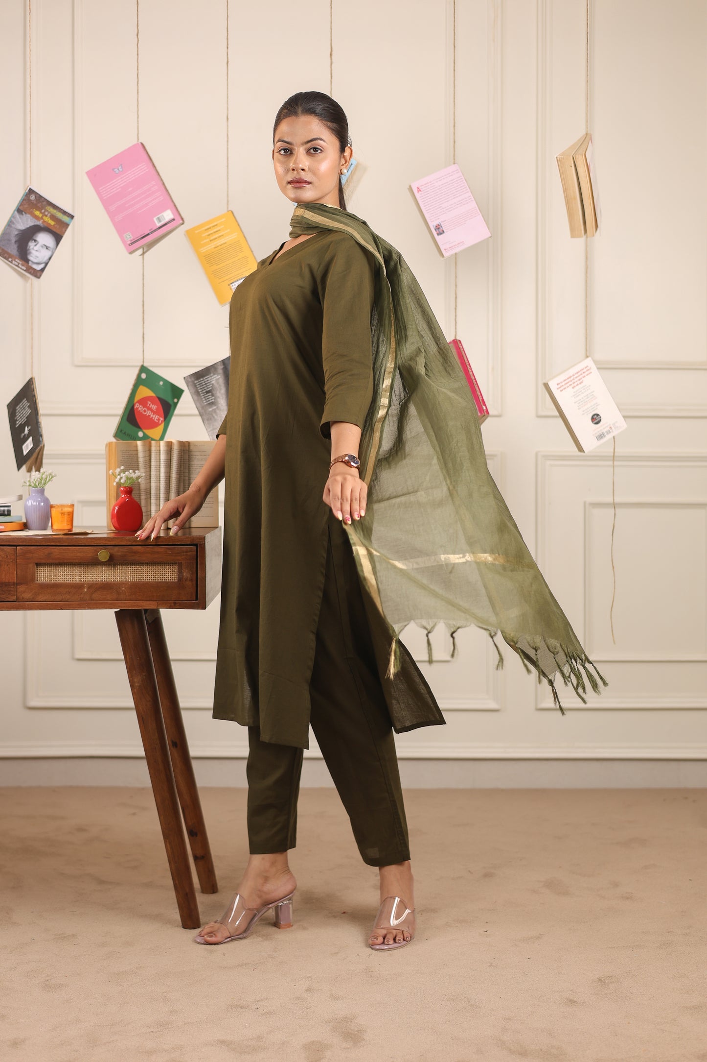Vedora V-Neck Cotton Kurta Set with Chanderi Dupatta