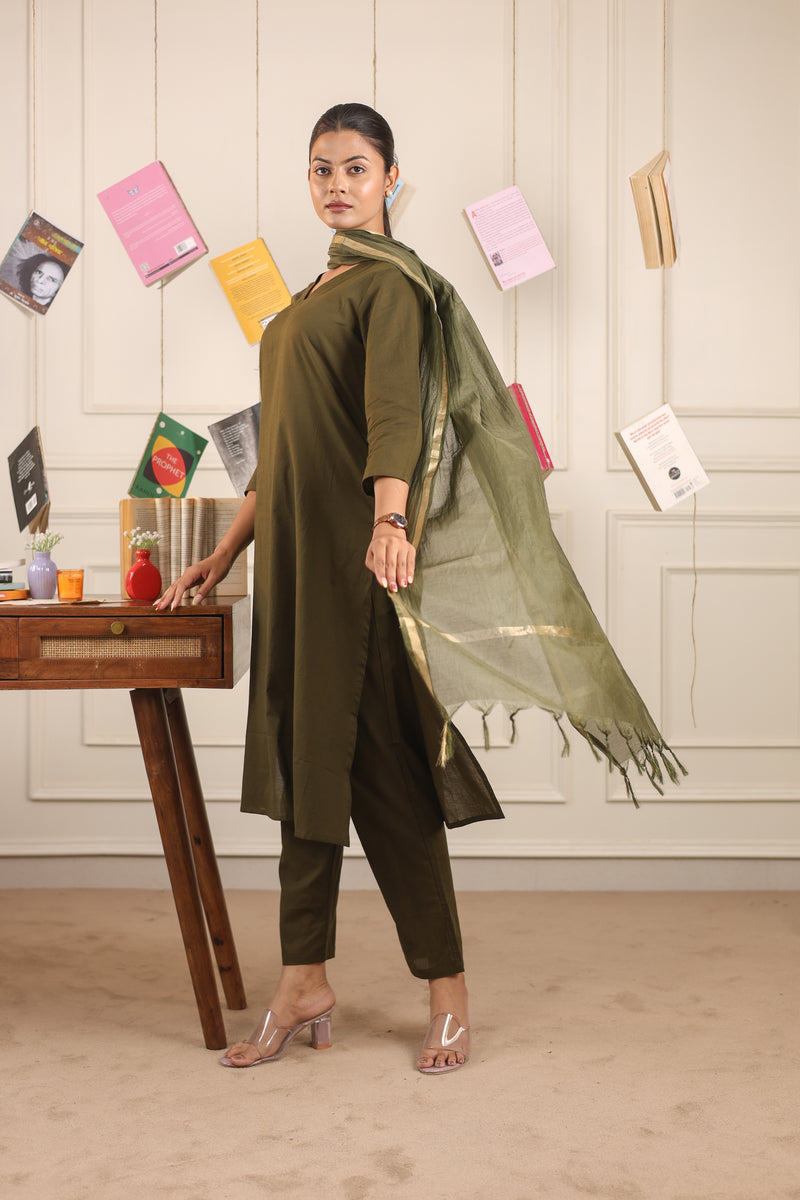 Vedora V-Neck Cotton Kurta Set with Chanderi Dupatta