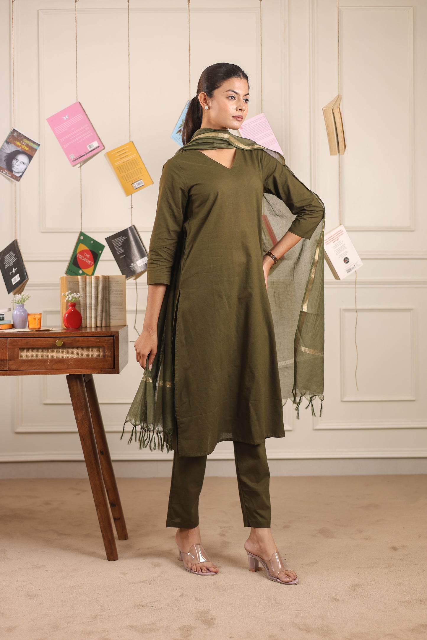 Vedora V-Neck Cotton Kurta Set with Chanderi Dupatta