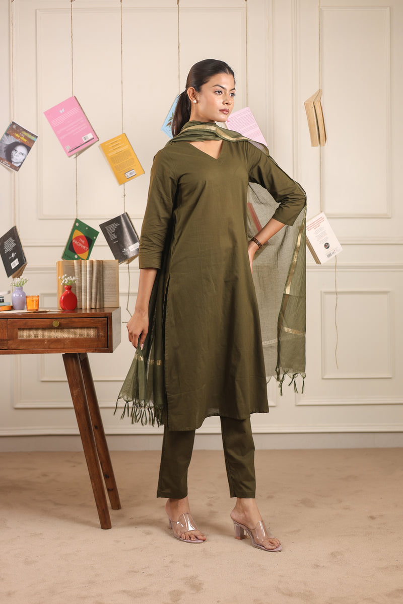 Vedora V-Neck Cotton Kurta Set with Chanderi Dupatta
