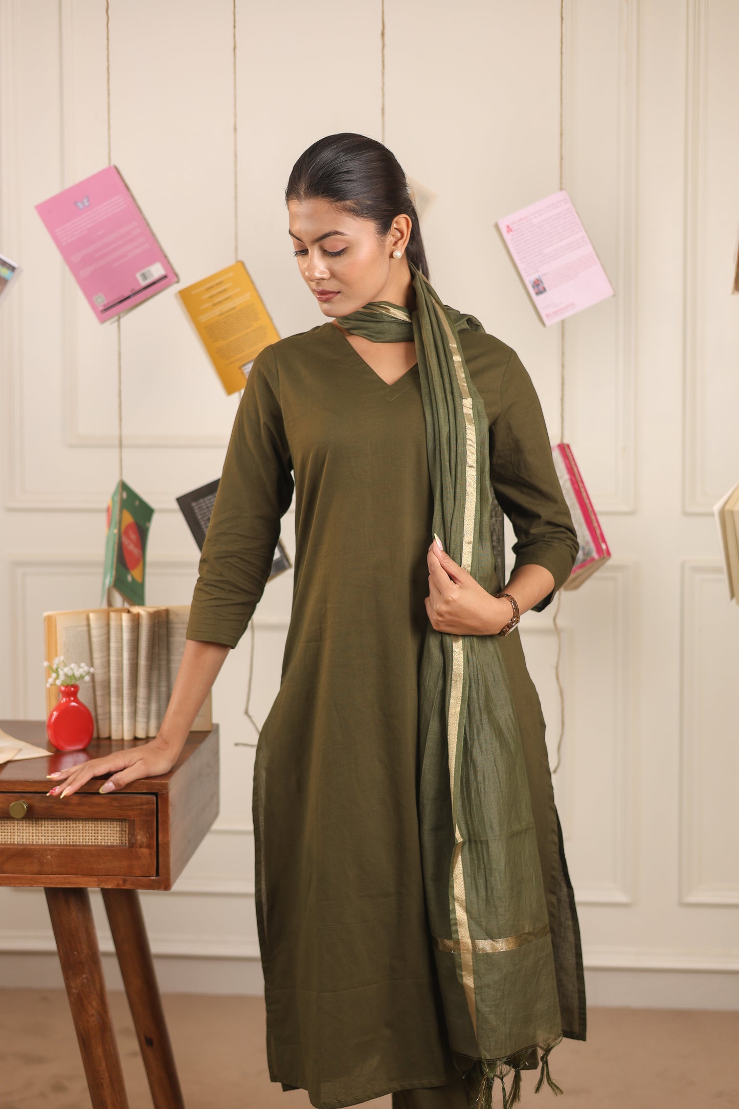 Vedora V-Neck Cotton Kurta Set with Chanderi Dupatta