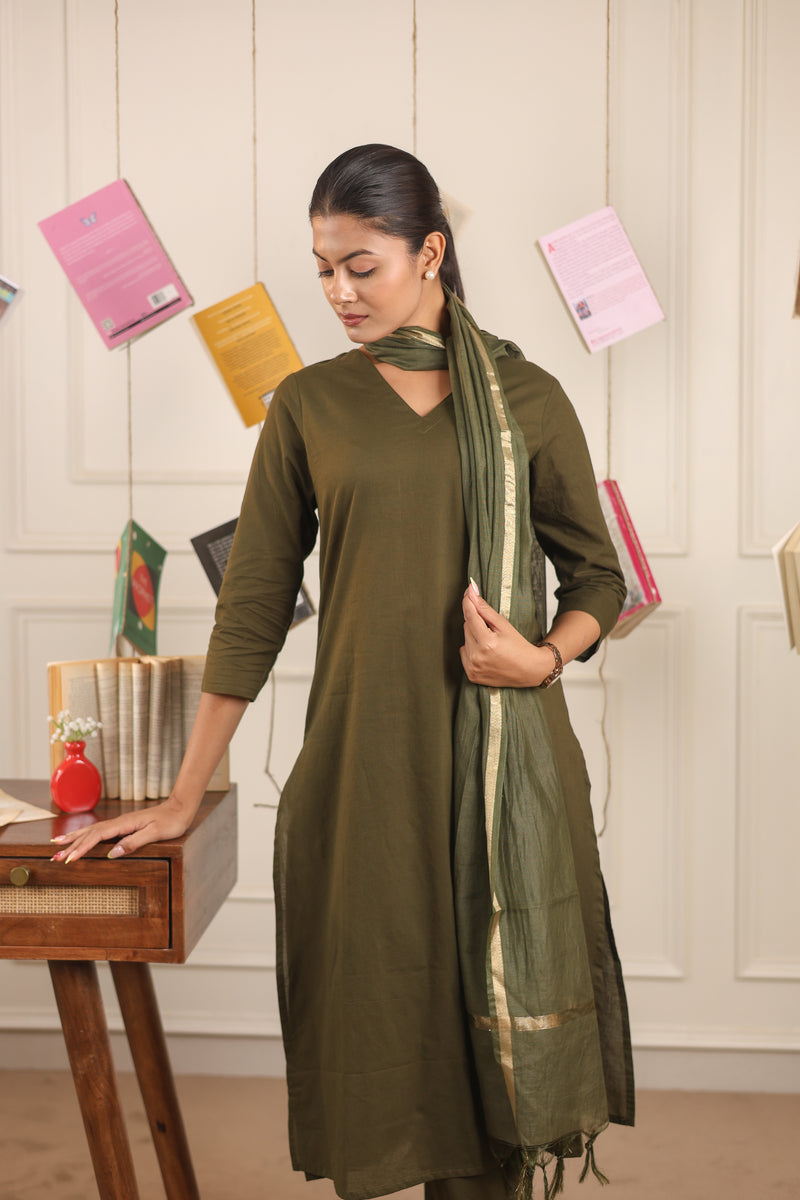 Vedora V-Neck Cotton Kurta Set with Chanderi Dupatta
