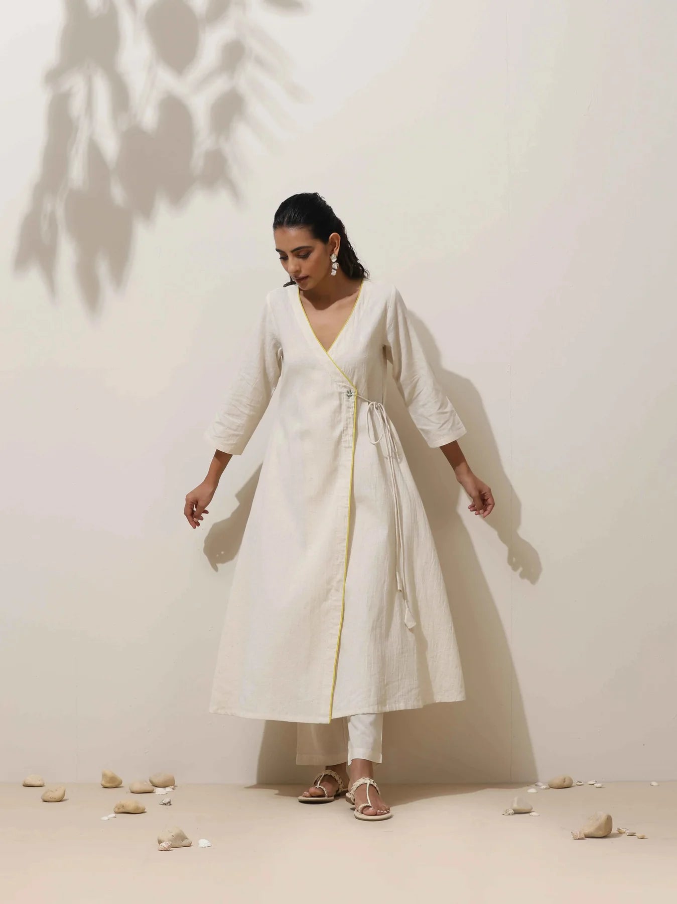 Off-White Cotton Linen Angrakha Kurta Pant Set