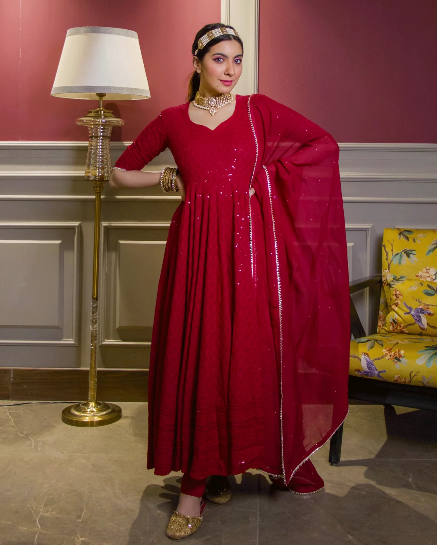 Regal Maroon Sequin Rayon Anarkali Suit Set