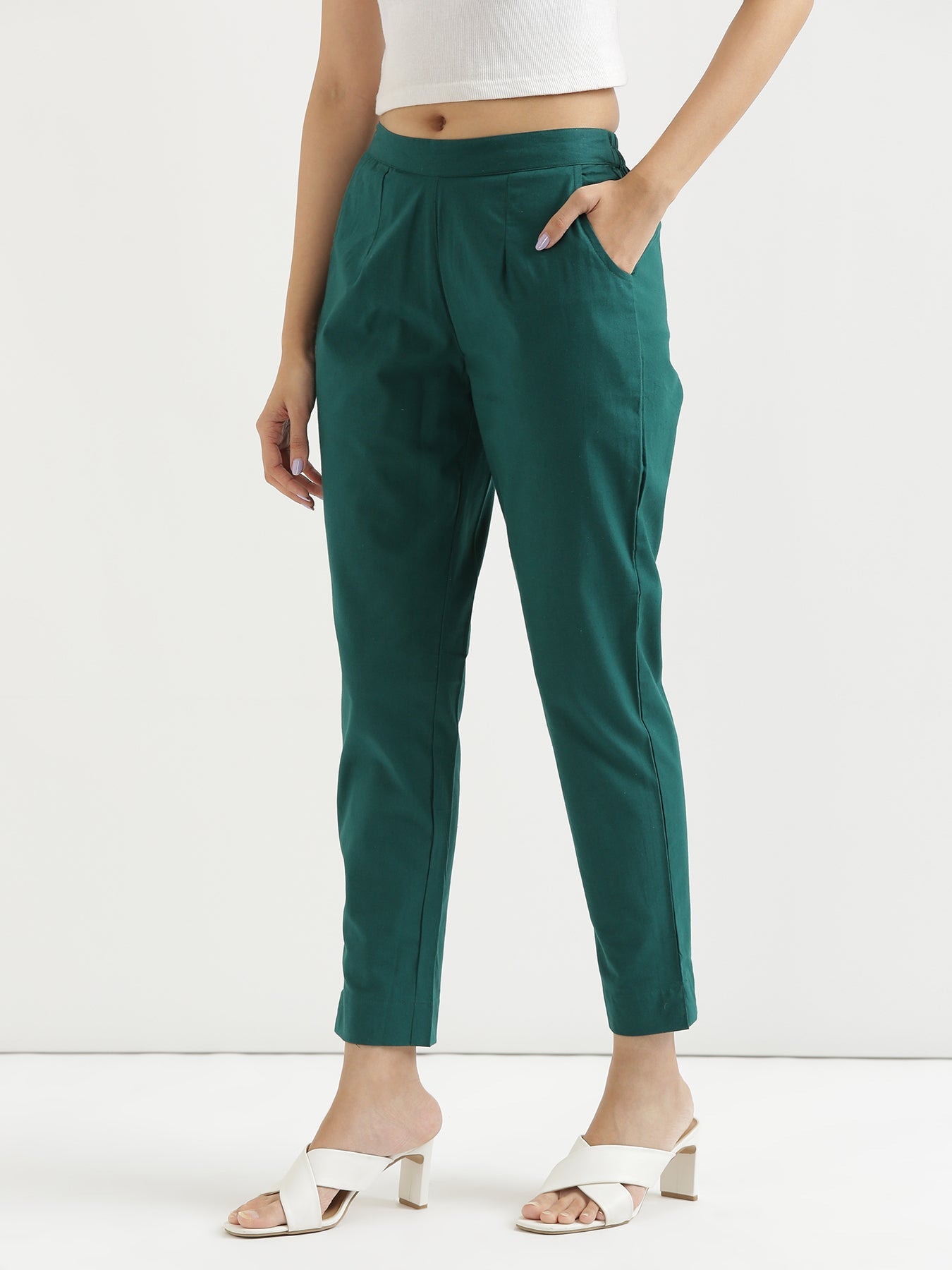 Vedora Essentials: Bottle Green Cotton Pants – Comfort in Every Size
