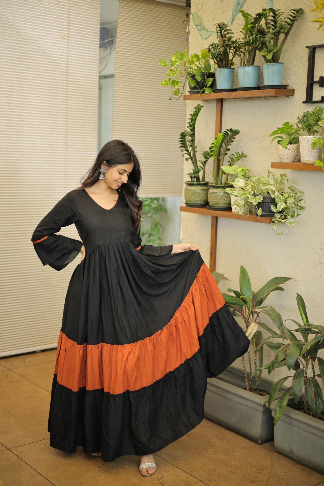 Black & Rust Tiered Maxi Dress with Flared Sleeves