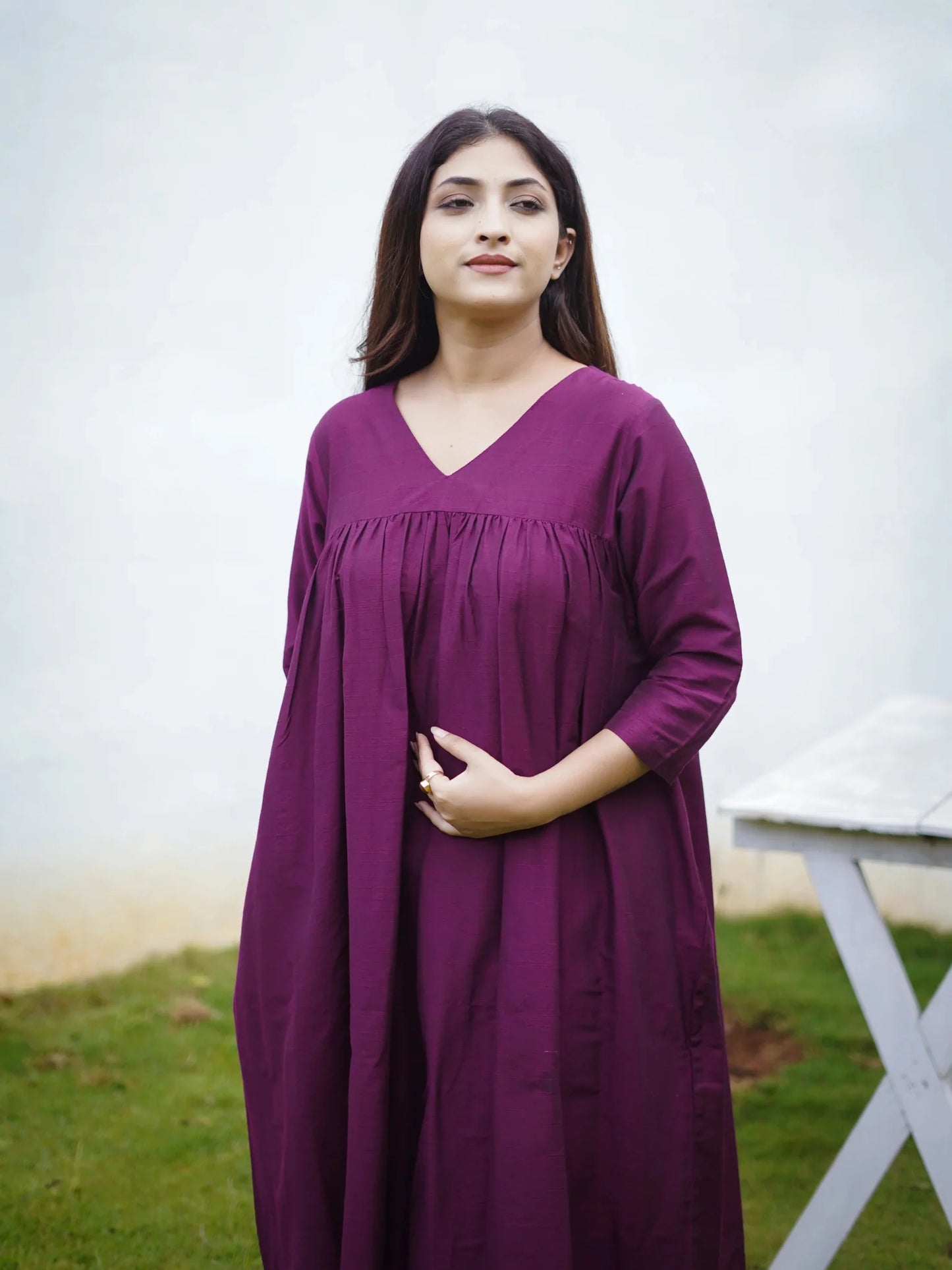 "Grace in Gathered Cotton – V-Neck Kurta Set with Pocket Pants"