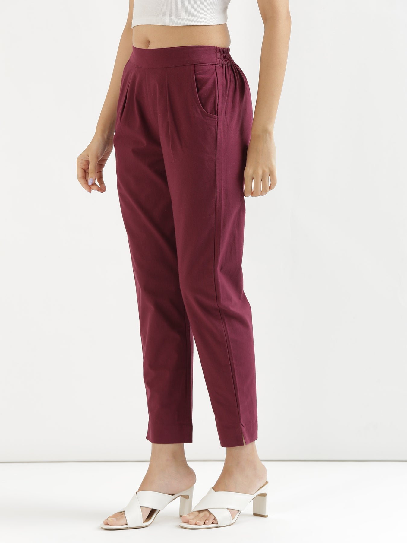 Vedora Luxe: Rich Wine Cotton Pants for Versatile Styling