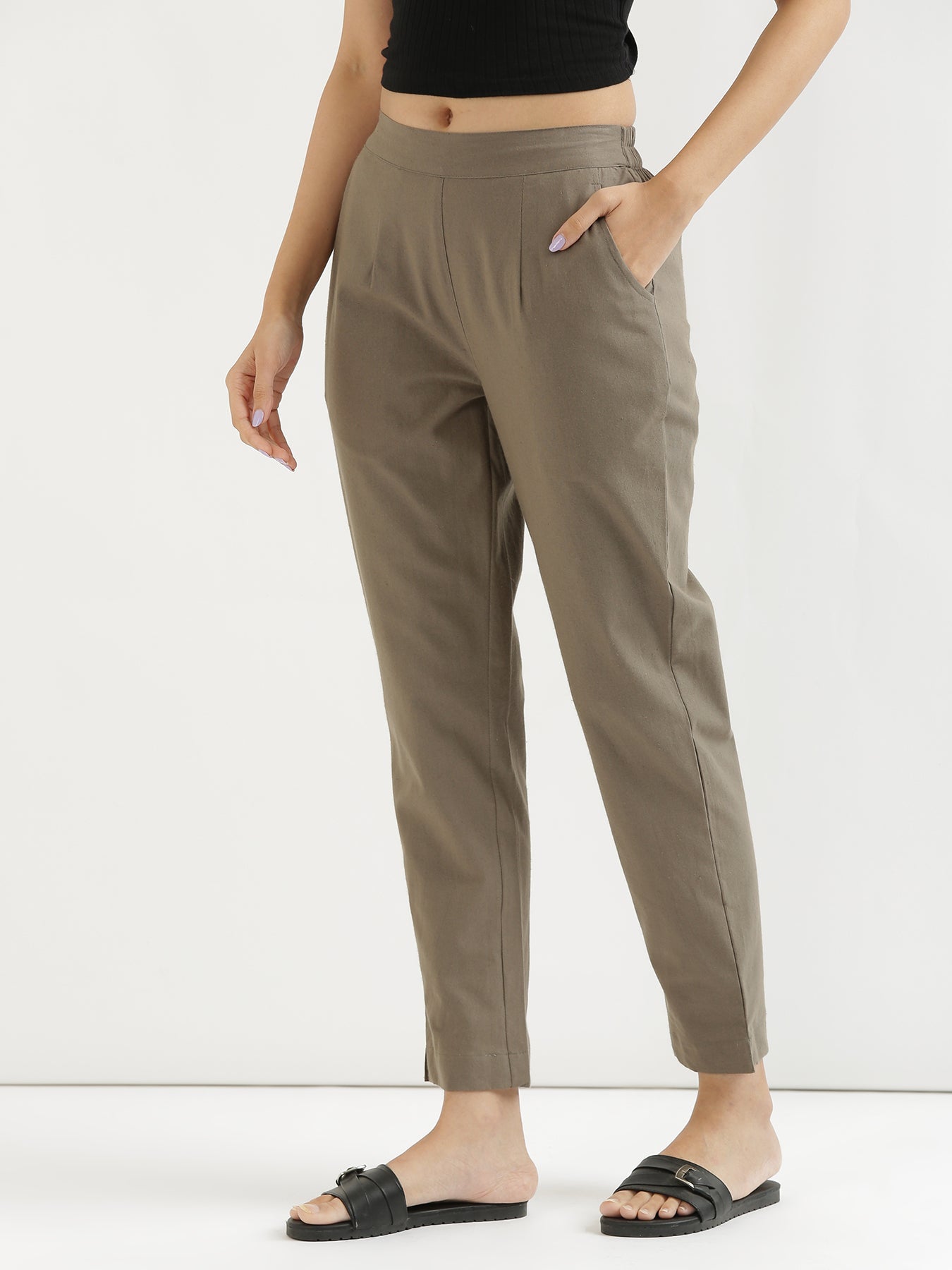 Vedora Flex: Grey Cotton Pants with Elastic Waistband