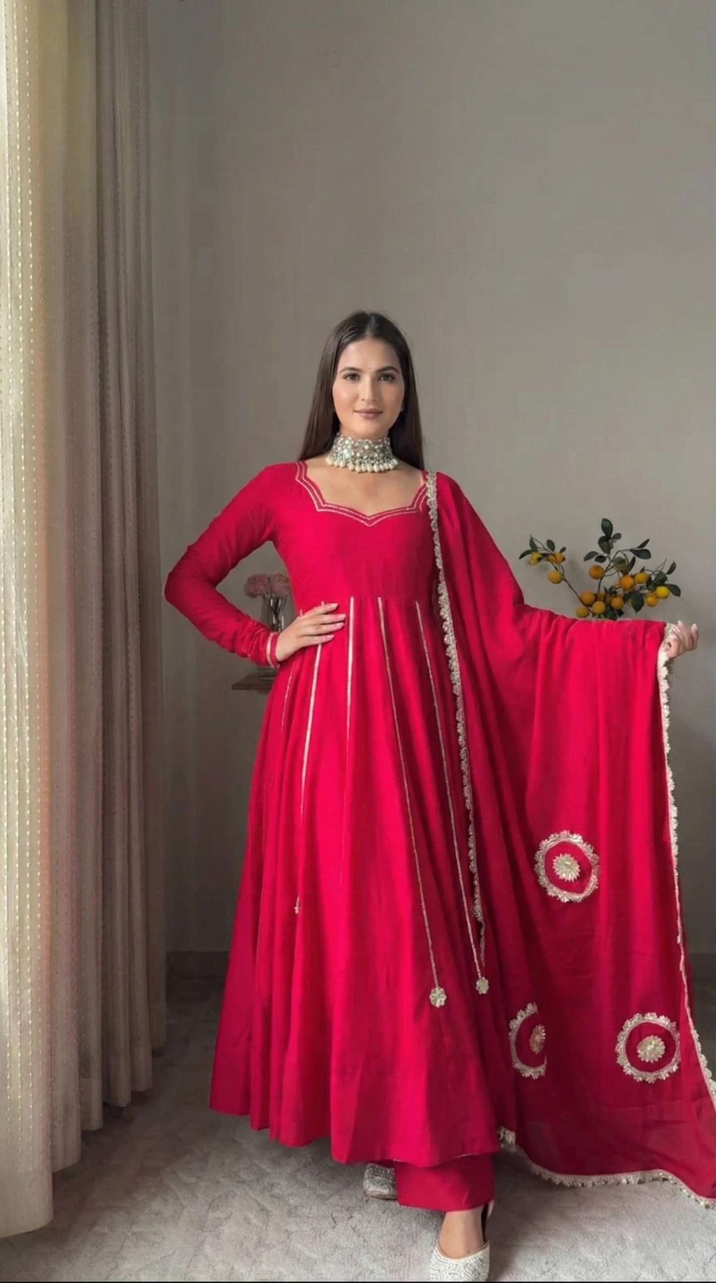 "Arka" - Vibrant Red Georgette Anarkali Suit Set with Gold Gota