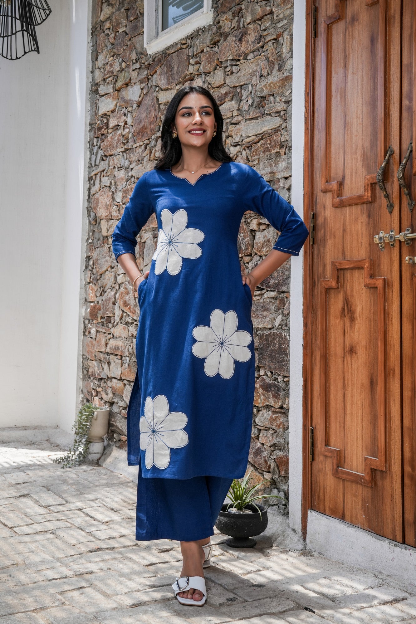 Indigo Patch Bloom Cotton Kurta Set