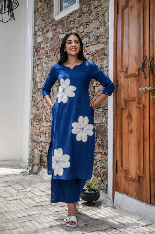 Indigo Patch Bloom Cotton Kurta Set