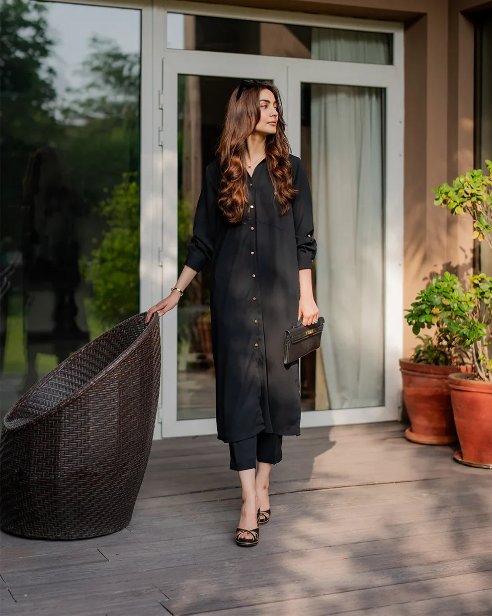 "Safiya" - Black Premium Cotton Long Shirt Tunic & Cropped Pants Co-ord Set