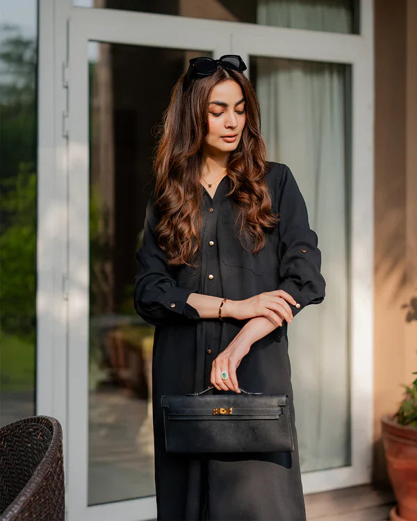 "Safiya" - Black Premium Cotton Long Shirt Tunic & Cropped Pants Co-ord Set