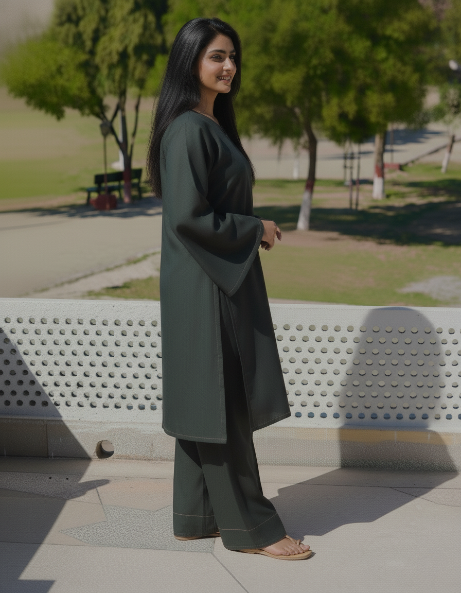 "Vana" - Dark Green Rayon Kurta Set with Bell Sleeves