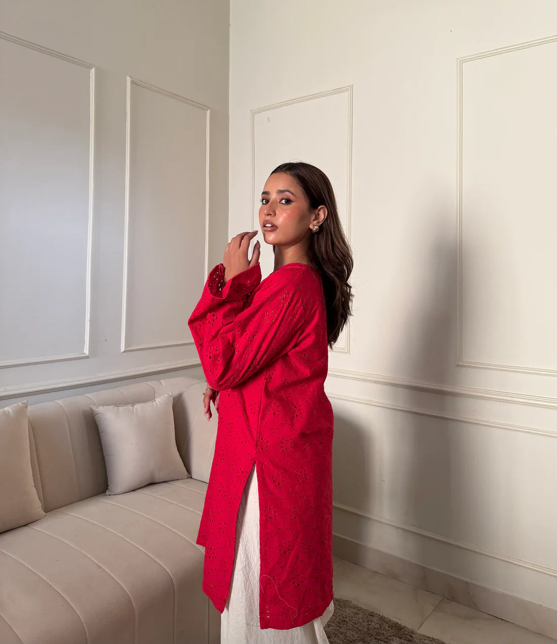 "Gulnar" - Red Hakoba Cotton Kurta with White Farshi Salwar Set