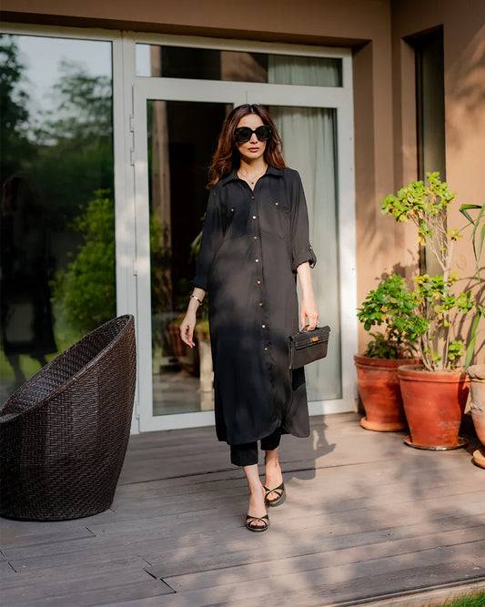 "Safiya" - Black Premium Cotton Long Shirt Tunic & Cropped Pants Co-ord Set