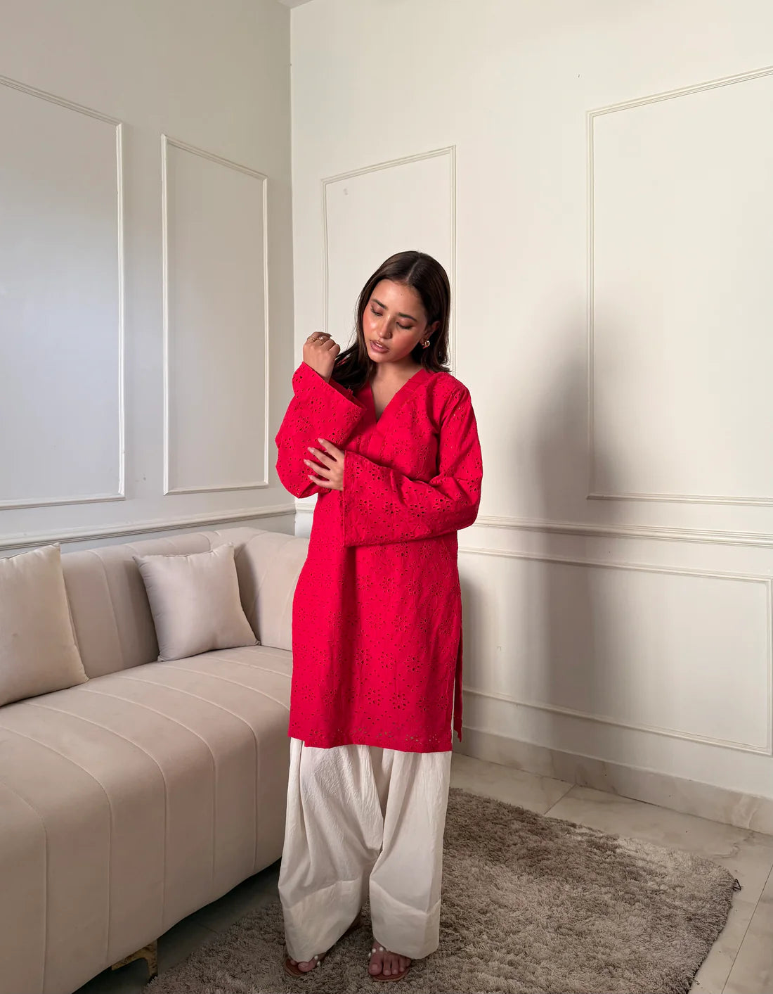"Gulnar" - Red Hakoba Cotton Kurta with White Farshi Salwar Set