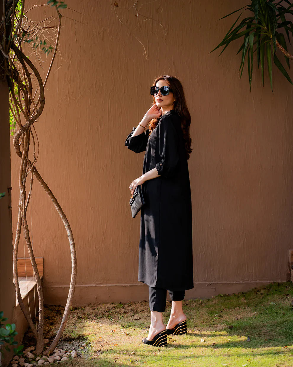 "Safiya" - Black Premium Cotton Long Shirt Tunic & Cropped Pants Co-ord Set