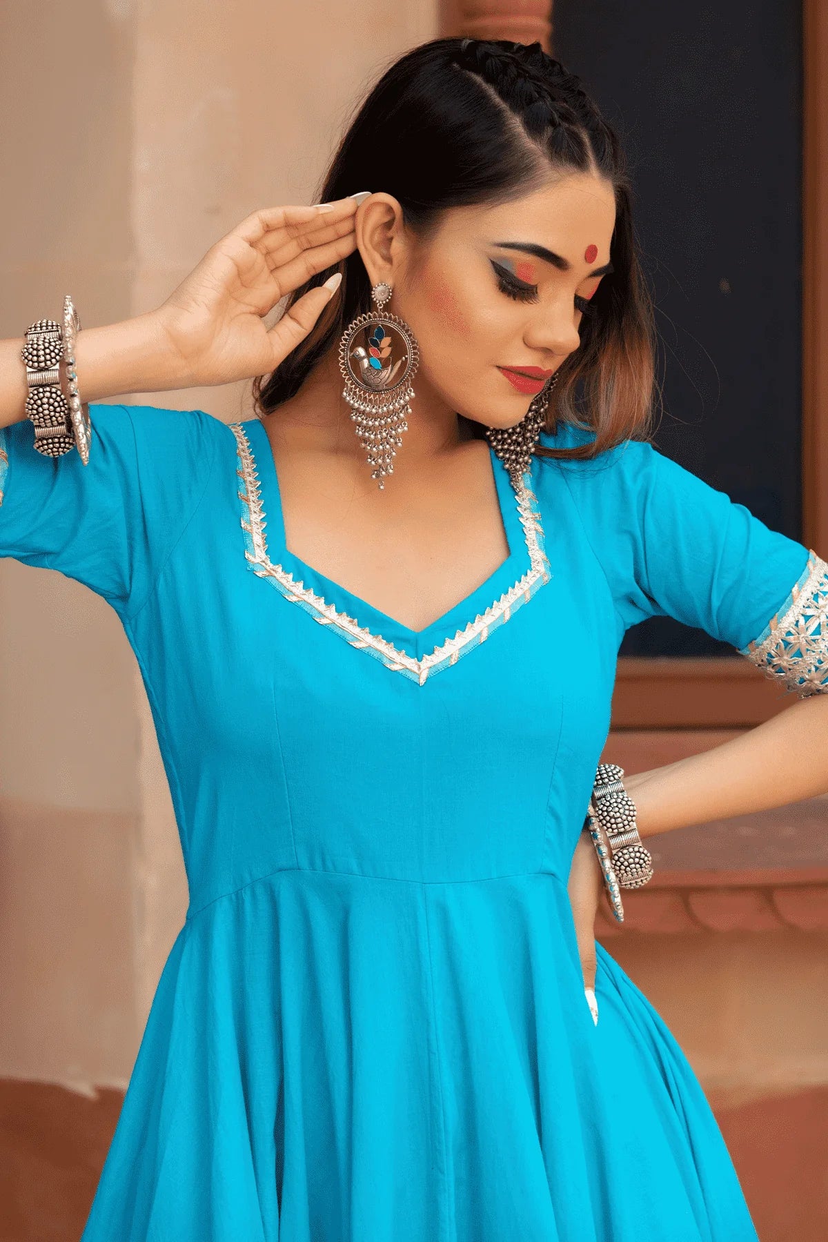 Kalamkari Bloom – Blue Cotton Anarkali with Net Dupatta