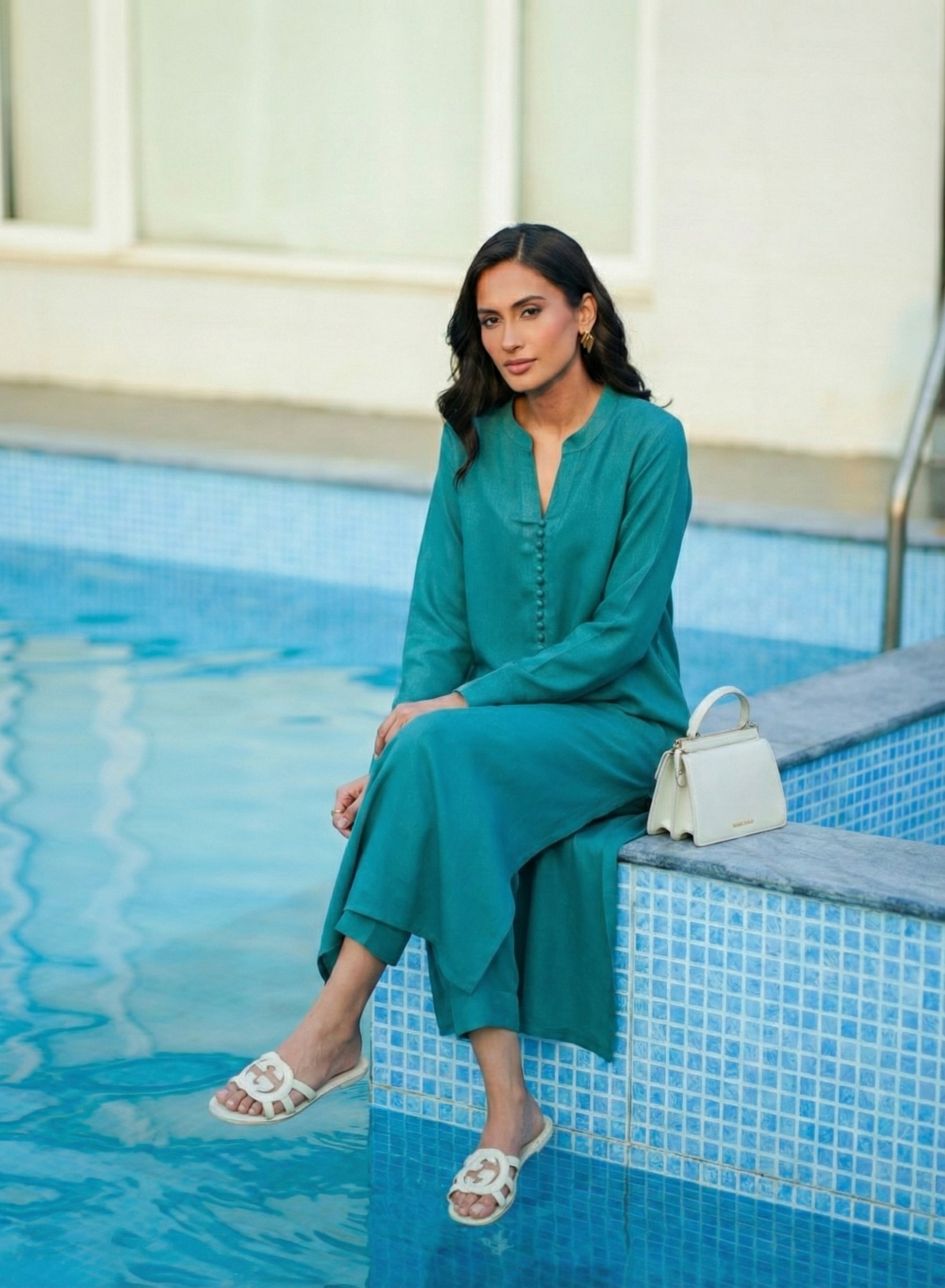 "Firoza" - Teal Blue Solid Rayon Button-Down Kurta Set