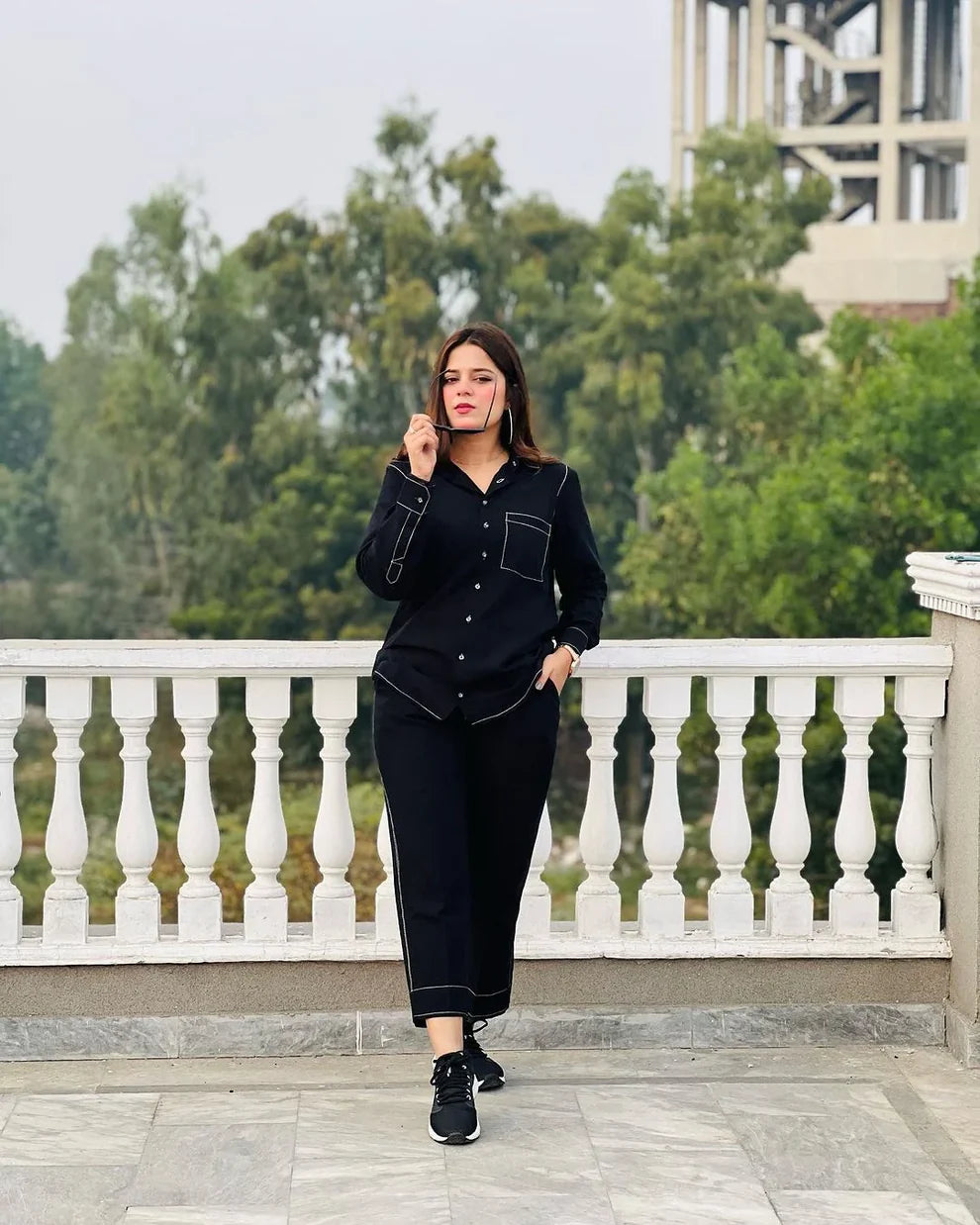 "Sia" - Black Cotton Shirt & Cropped Pants Co-ord Set with Contrast Stitching