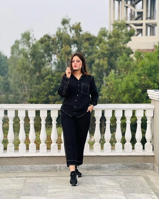 "Sia" - Black Cotton Shirt & Cropped Pants Co-ord Set with Contrast Stitching