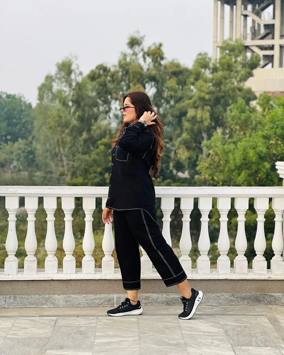 "Sia" - Black Cotton Shirt & Cropped Pants Co-ord Set with Contrast Stitching