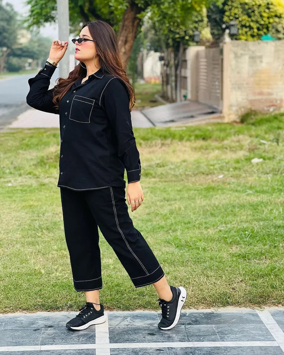 "Sia" - Black Cotton Shirt & Cropped Pants Co-ord Set with Contrast Stitching