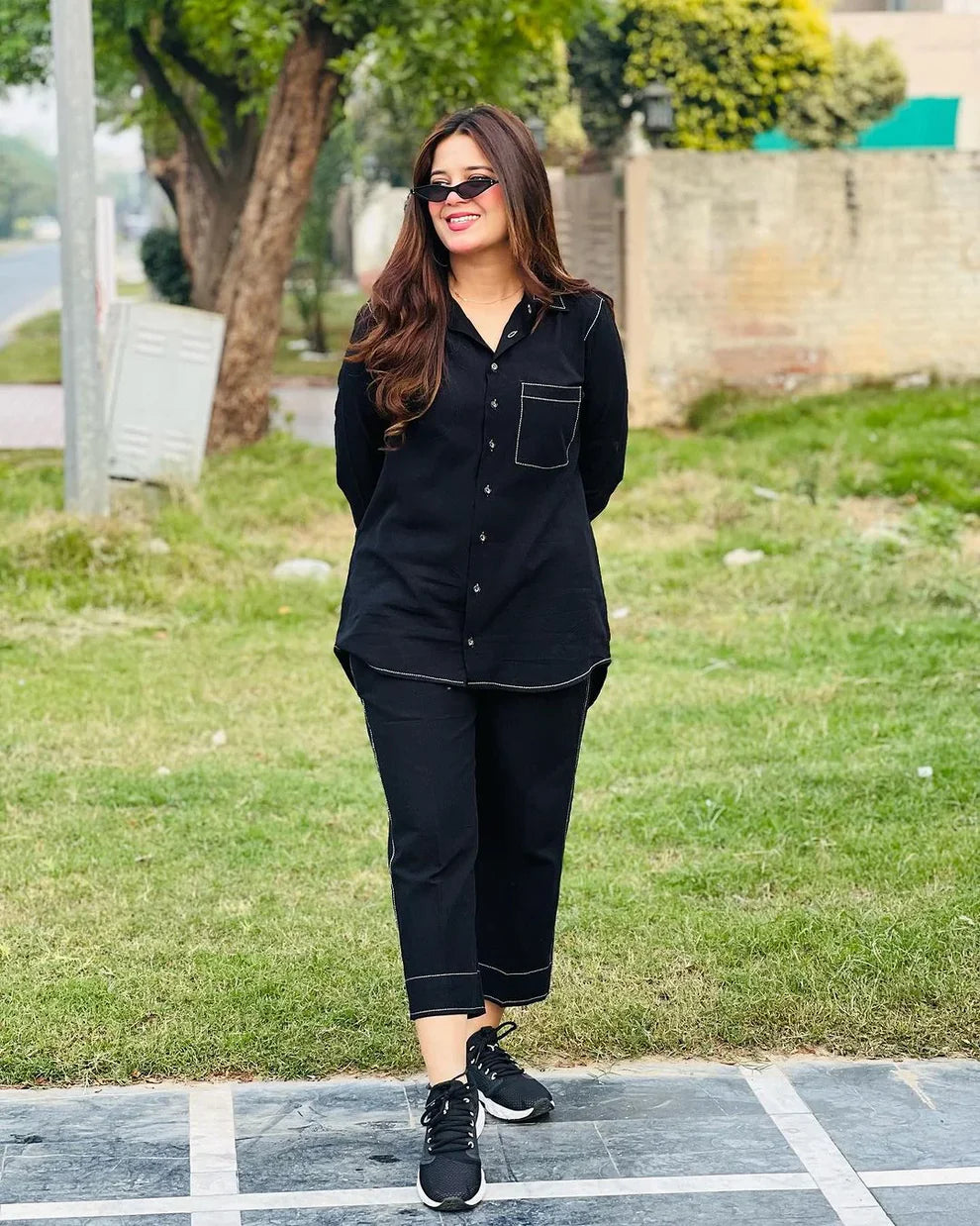 "Sia" - Black Cotton Shirt & Cropped Pants Co-ord Set with Contrast Stitching